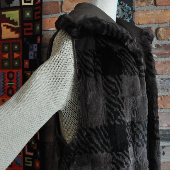 Nutria Fur  Black & Brown Plaid Long Vest, XL Collar Sleeveless Coat Duster S - Picture 7 of 15